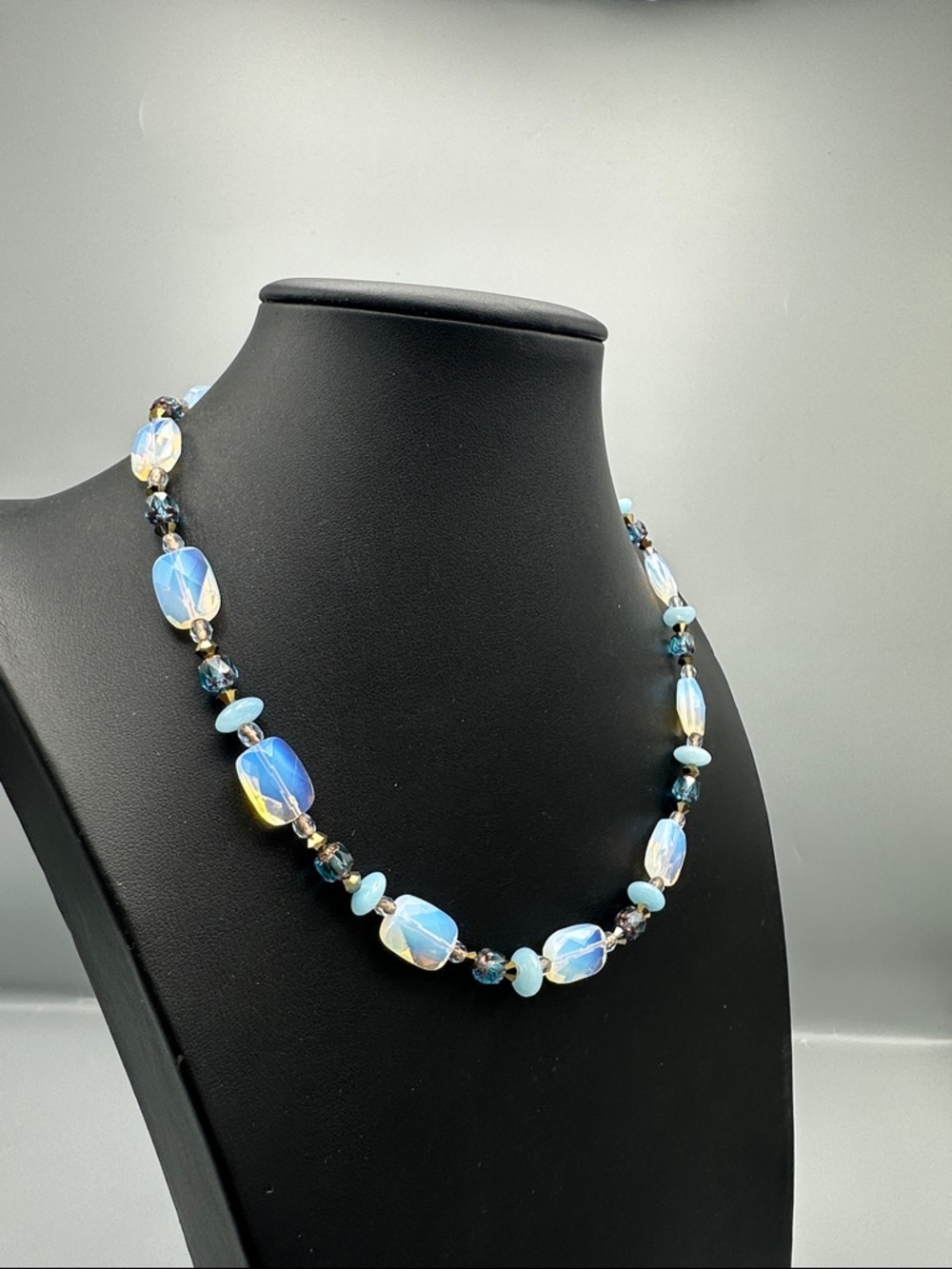 Opalescent Blue Glass Bead Necklace - Picture 2 of 5